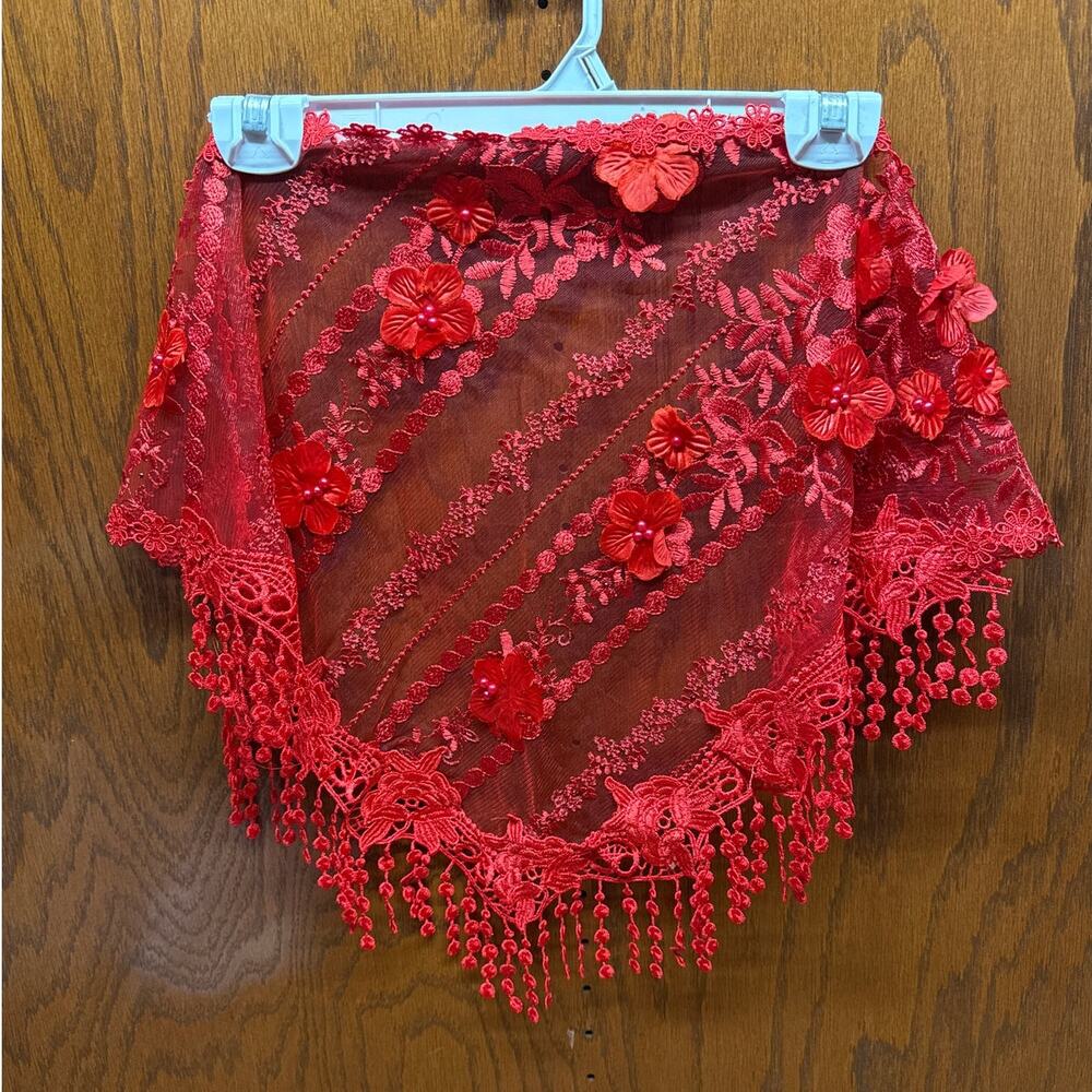 Mantilla Veil Chailna with Fringe Red